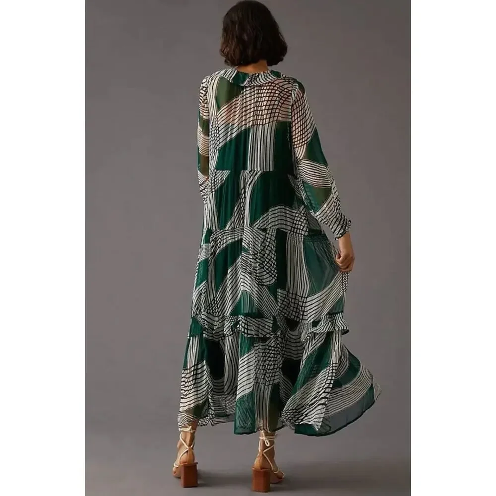 Anthropologie XS Marais Geometric Printed Sheer Chiffon Maxi Dress Boho Green - Picture 13 of 13